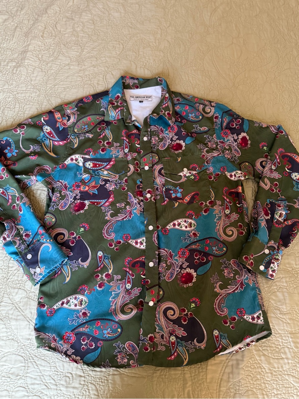 The American West Gemstone Paisley Snap Shirt M Olive Turquoise Western Cowgirl - Picture 2 of 11